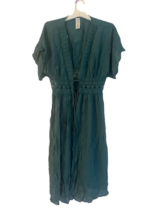 Time and Tru Tops - Time and Tru Teal V-Neck Midi Dress with Crochet Waist